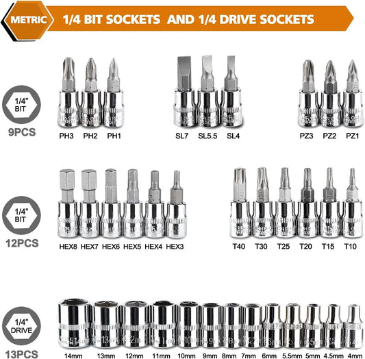 46 Pieces 1/4 Inch Drive Socket Ratchet Wrench Set