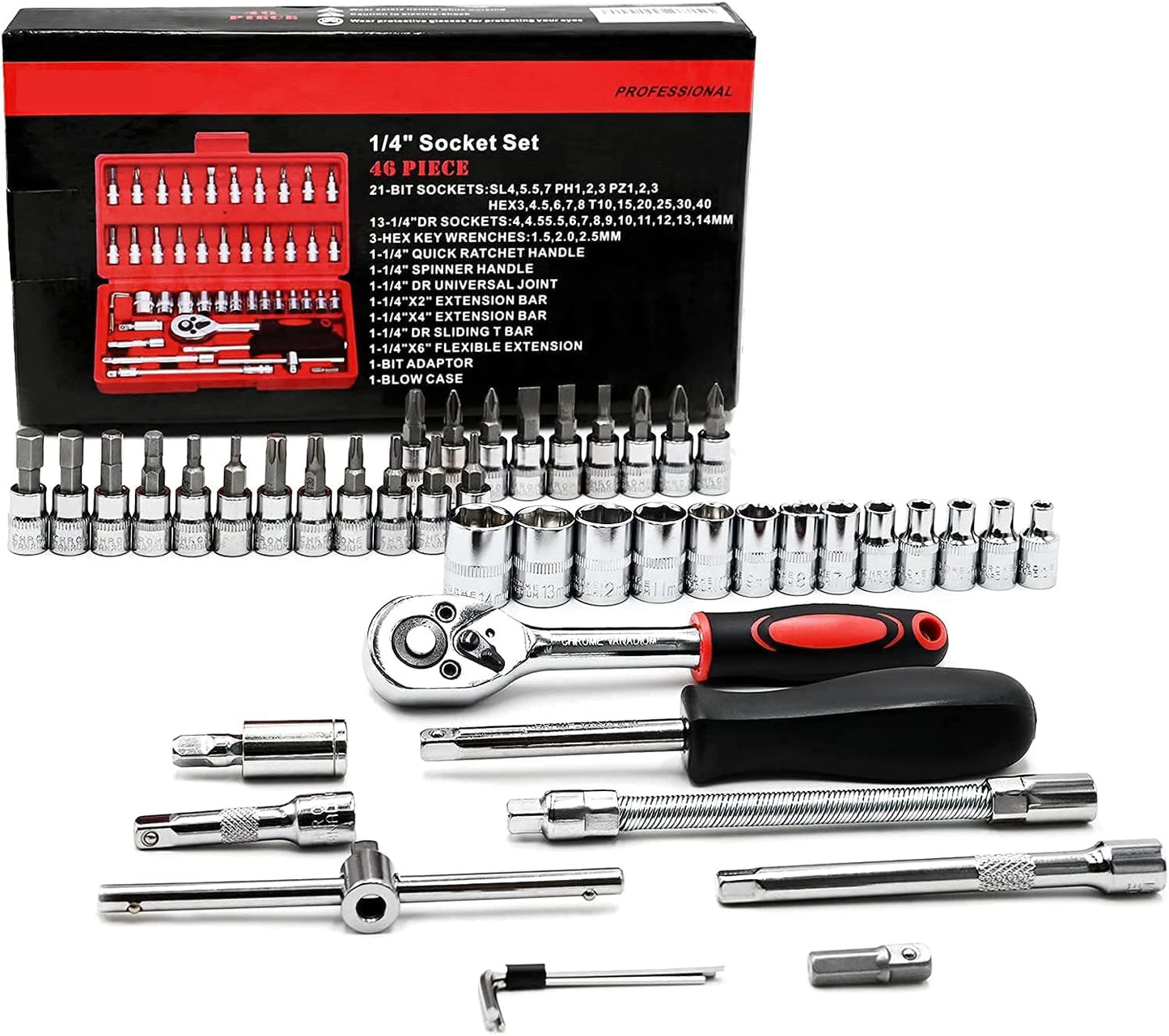 46 Pieces 1/4 Inch Drive Socket Ratchet Wrench Set