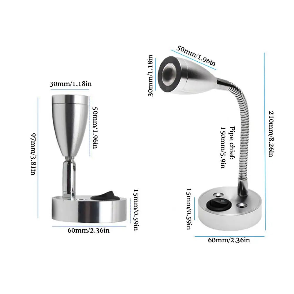 Dimensions of LED reading light with USB and flex arm